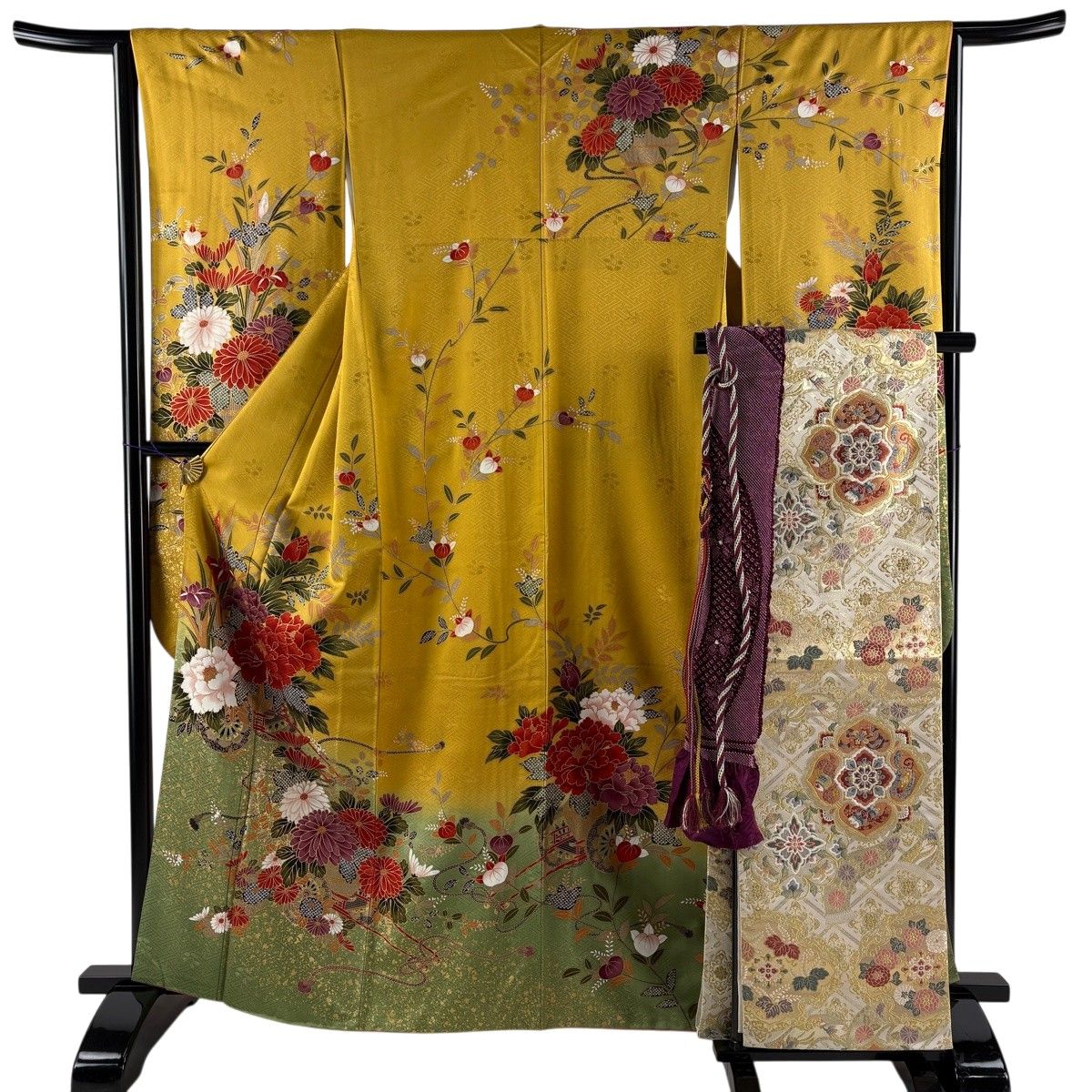 美品】 振袖 身丈162cm 裄丈63.5cm S 袷 袋帯フルセット 花車 金彩 