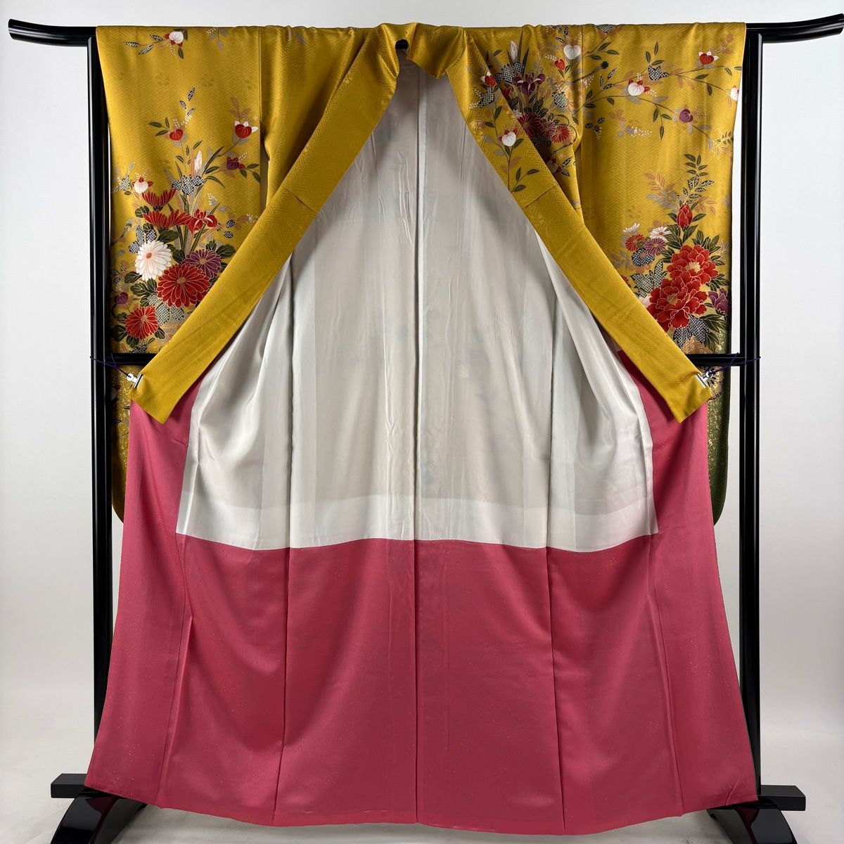 美品】 振袖 身丈162cm 裄丈63.5cm S 袷 袋帯フルセット 花車 金彩