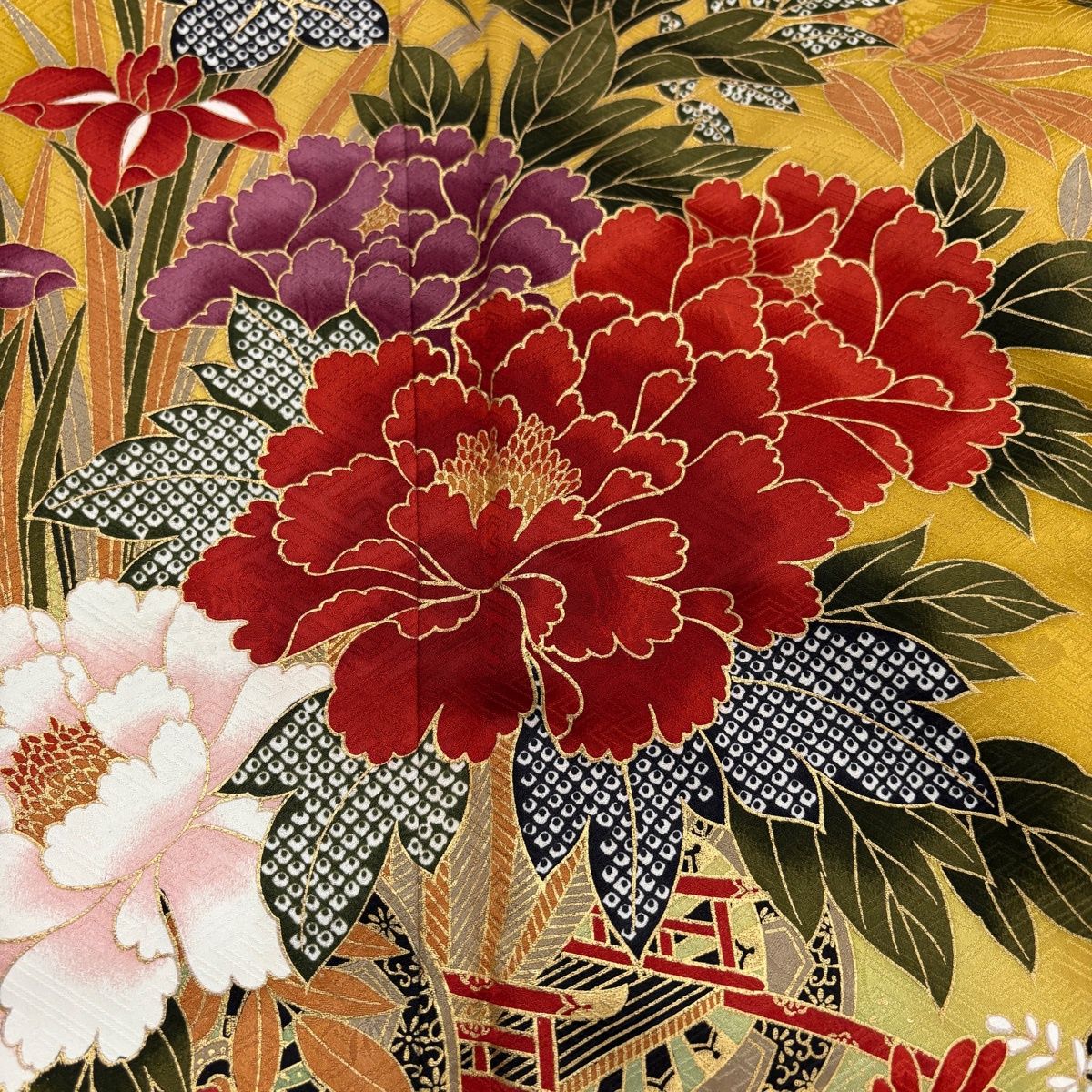 美品】 振袖 身丈162cm 裄丈63.5cm S 袷 袋帯フルセット 花車 金彩