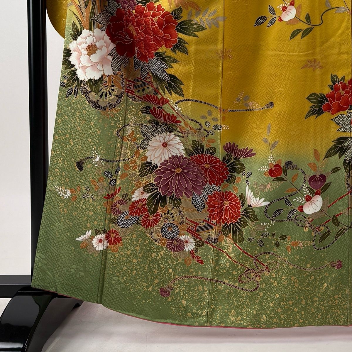 美品】 振袖 身丈162cm 裄丈63.5cm S 袷 袋帯フルセット 花車 金彩