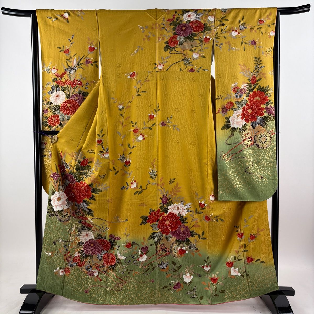 美品】 振袖 身丈162cm 裄丈63.5cm S 袷 袋帯フルセット 花車 金彩