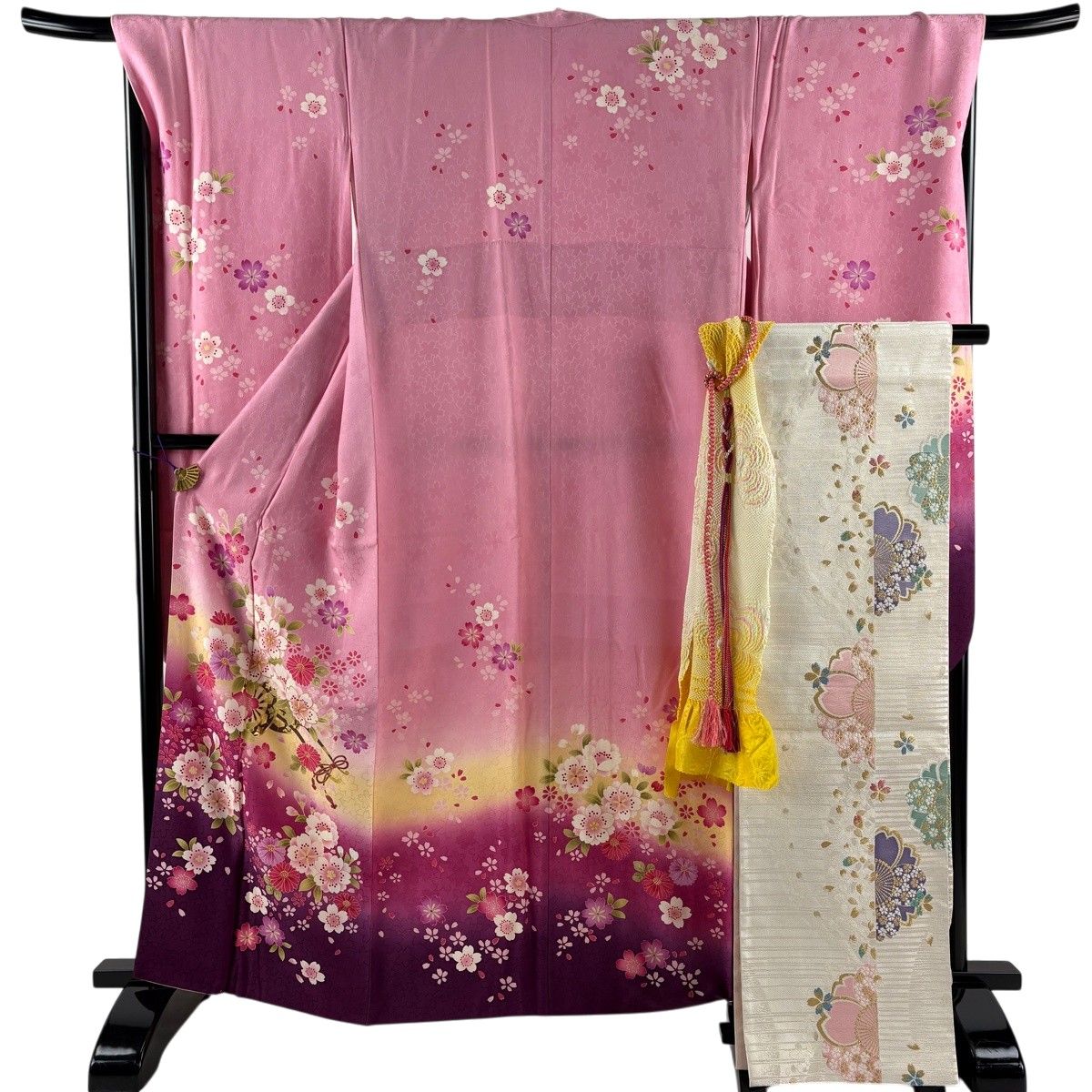 振袖 身丈163.5cm 裄丈67cm M 袷 袋帯フルセット 花車 桜 箔 金彩 ピンク 正絹 秀品 【中古】