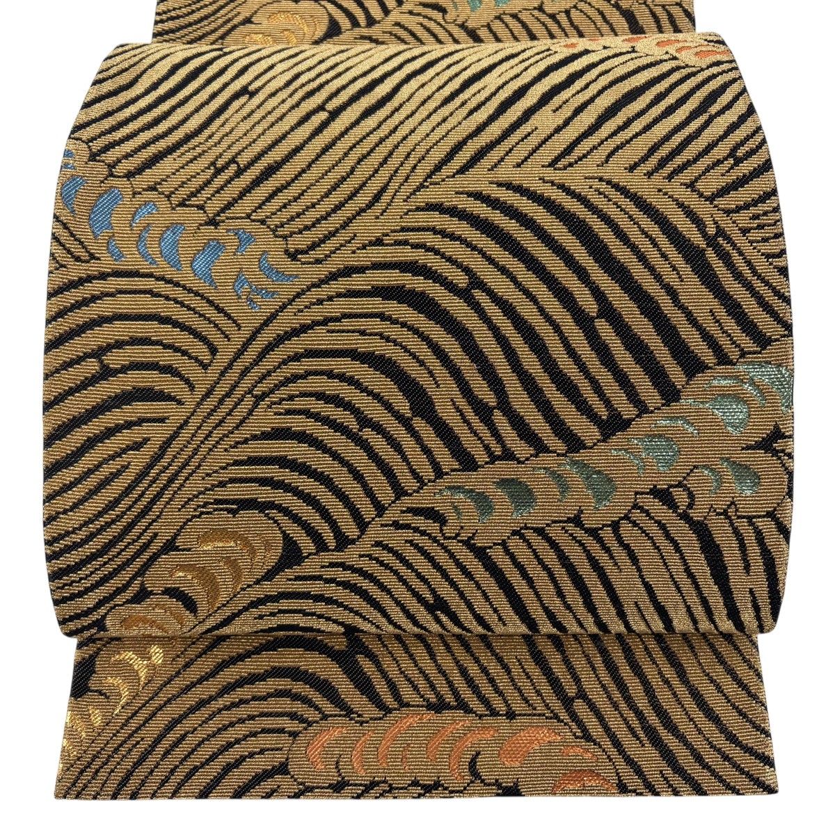 【美品】 袋帯 逸品 花井幸子 落款 金華山織 波頭 金糸 箔 金茶 六通 正絹 【中古】