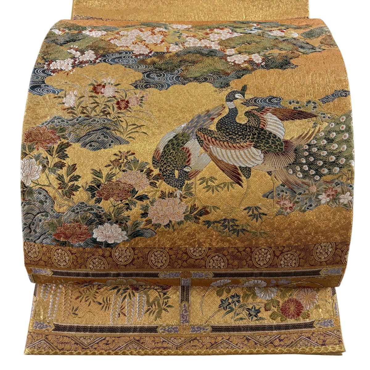 【美品】 袋帯 逸品 狩野列伝 松 花鳥 金糸 箔 金色 お太鼓柄 正絹 【中古】