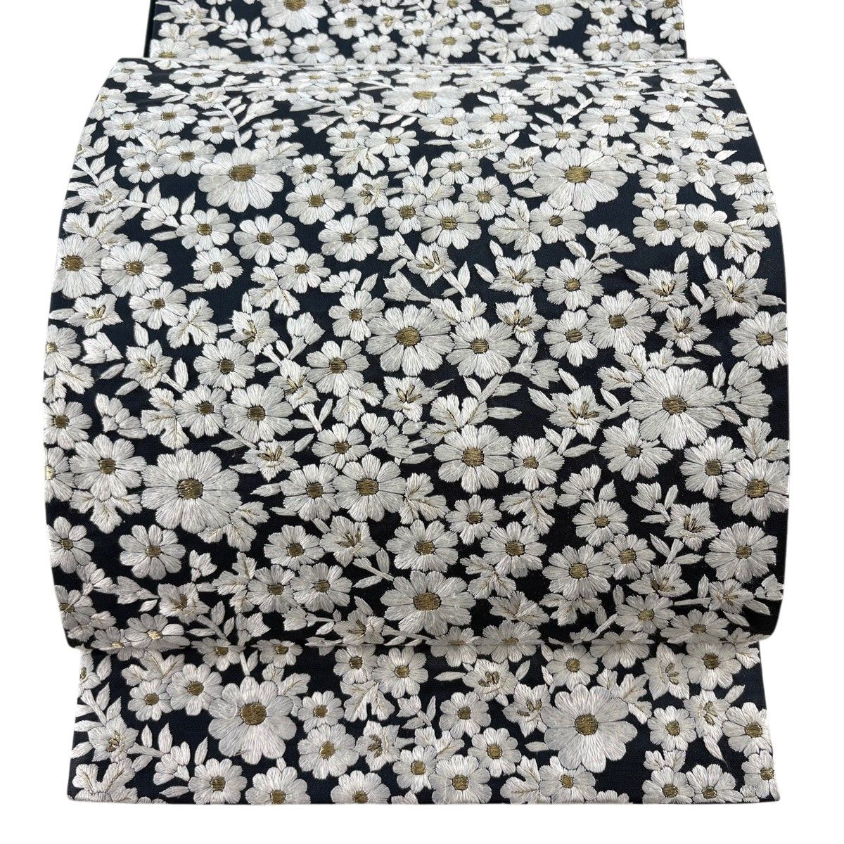 袋帯 逸品 菊 桔梗 刺繍 金糸 濃紺 六通 正絹 【中古】