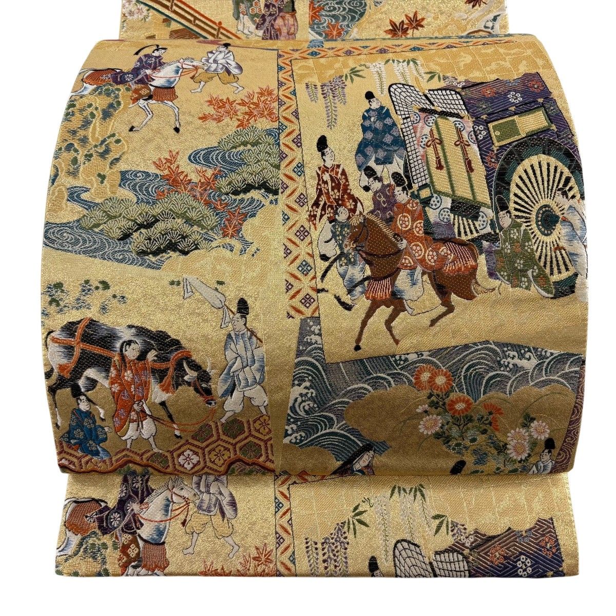 【美品】 袋帯 逸品 御所車 人物 金糸 箔 金色 六通 正絹 【中古】