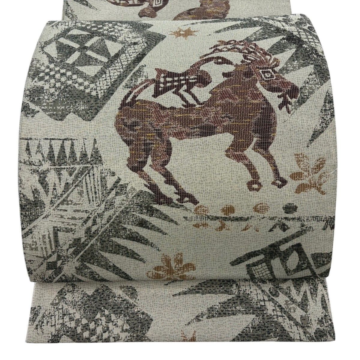 【美品】 袋帯 逸品 となみ織物 落款 悠久のシルクロード 動物 幾何学模様 箔 灰緑 六通 正絹 【中古】