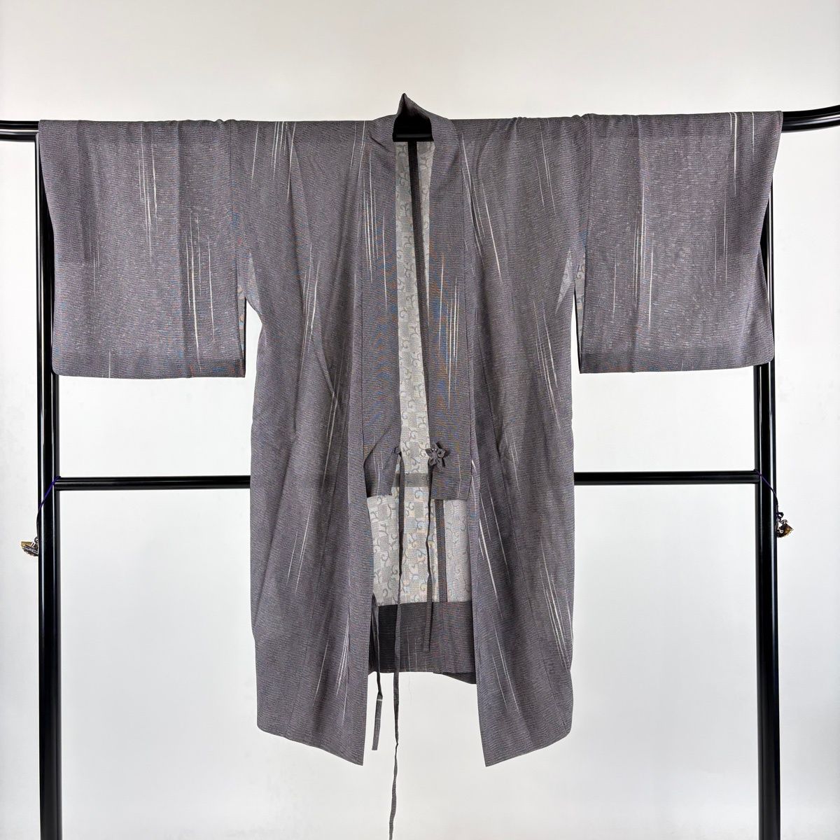 【美品】 道中着 身丈101cm 裄丈69cm L 和装コート 着物衿 縞 灰紫 正絹 逸品 【中古】