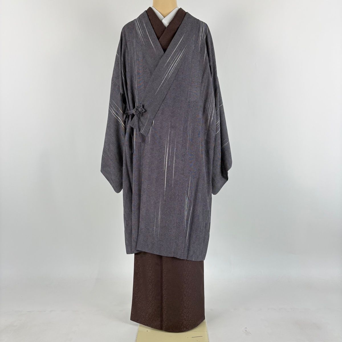 【美品】 道中着 身丈101cm 裄丈69cm L 和装コート 着物衿 縞 灰紫 正絹 逸品 【中古】