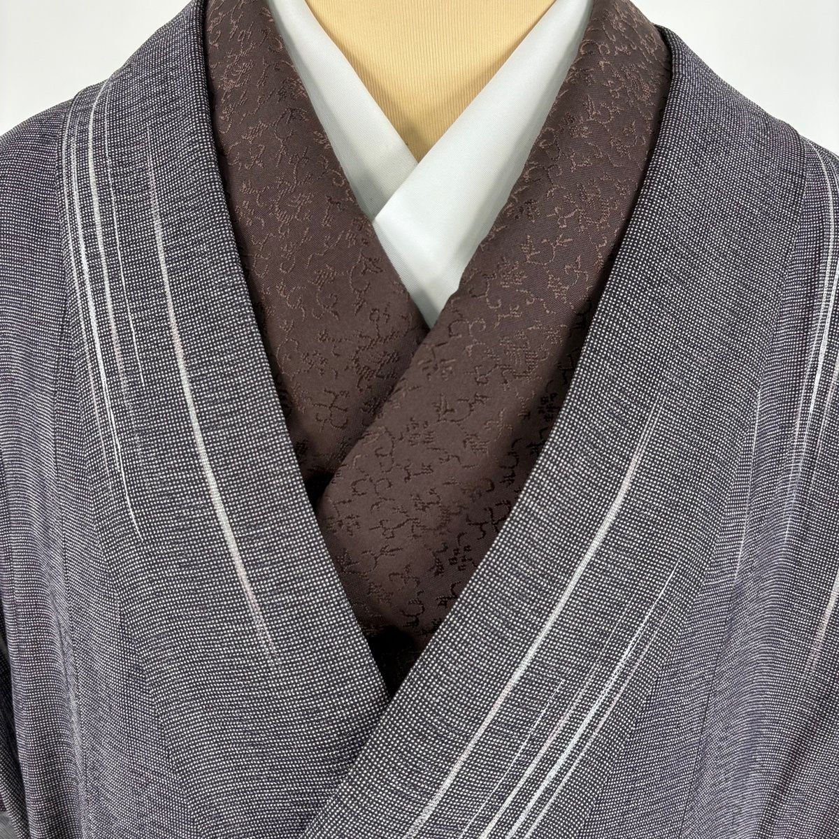 【美品】 道中着 身丈101cm 裄丈69cm L 和装コート 着物衿 縞 灰紫 正絹 逸品 【中古】