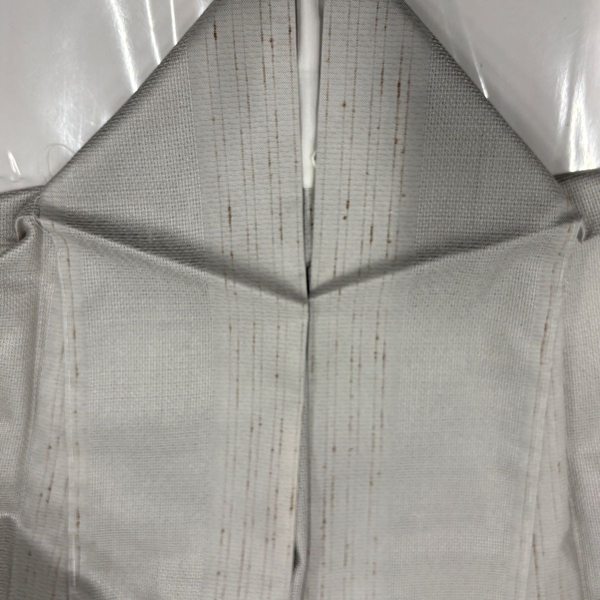 【美品】 紬 身丈155cm 裄丈61.5cm S 薄物 夏紬 やまと 縞 幾何学 灰緑 正絹 逸品 【中古】