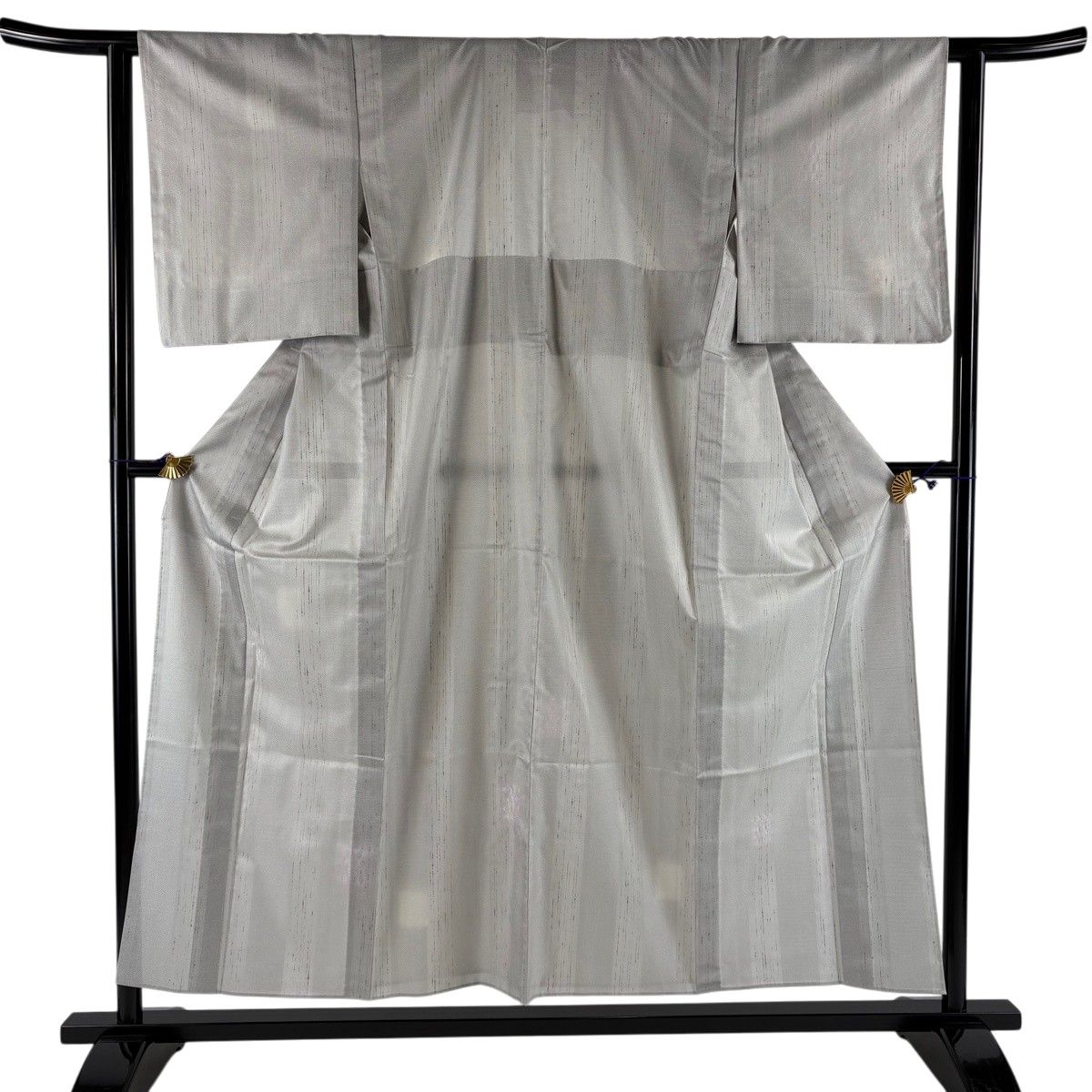 【美品】 紬 身丈155cm 裄丈61.5cm S 薄物 夏紬 やまと 縞 幾何学 灰緑 正絹 逸品 【中古】