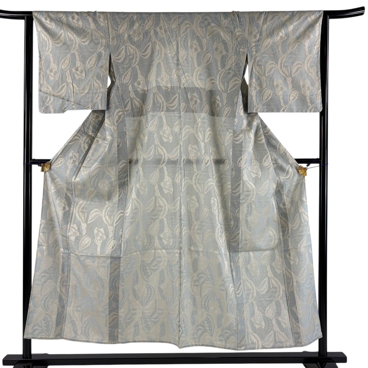 【美品】 お召 身丈151.5cm 裄丈63.5cm S 単衣 草花 灰緑 正絹 逸品 【中古】