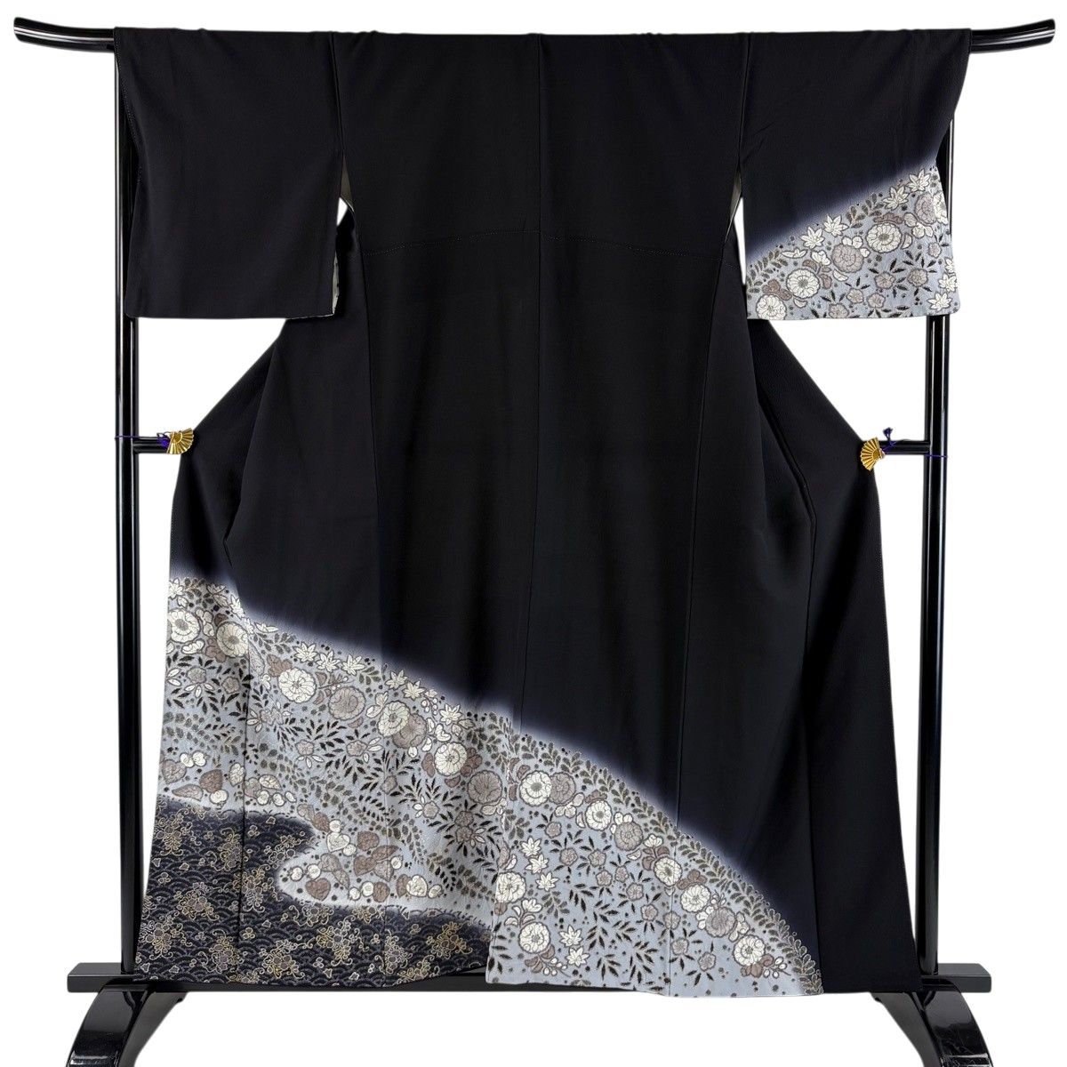 付下げ 身丈157cm 裄丈69.5cm L 袷 辻が花 青海波 金銀彩 黒 正絹 名品 【中古】