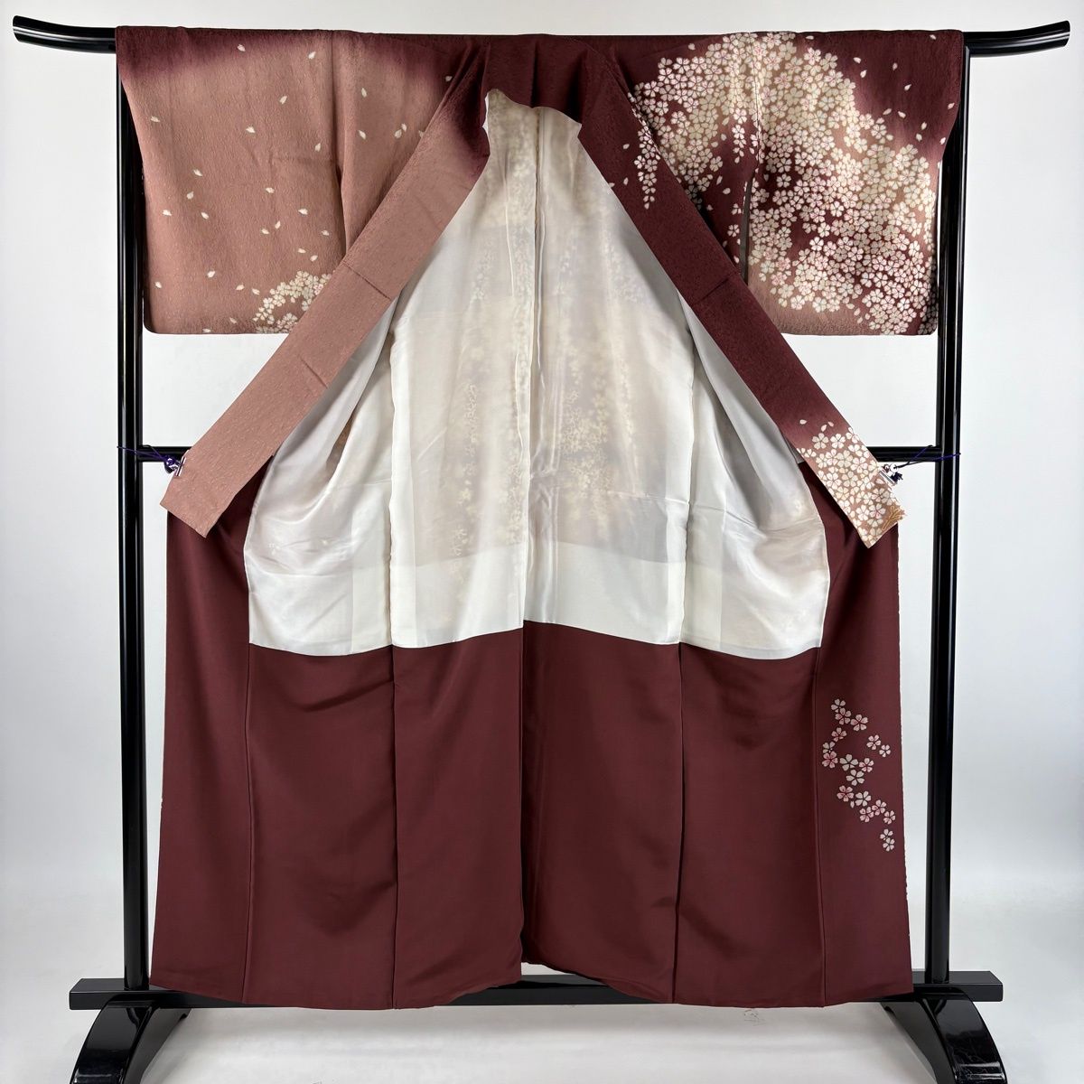 【美品】 訪問着 身丈158.5cm 裄丈67.5cm L 袷 ほていや 桜 地紋 ぼかし 小豆色 正絹 名品 【中古】