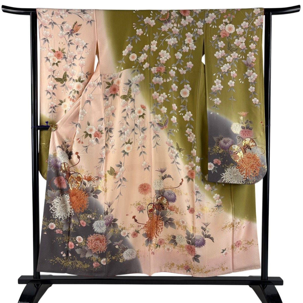 振袖 身丈155cm 裄丈63.5cm S 袷 鼓 菊 金彩 染分け ピンク 正絹 名品 【中古】