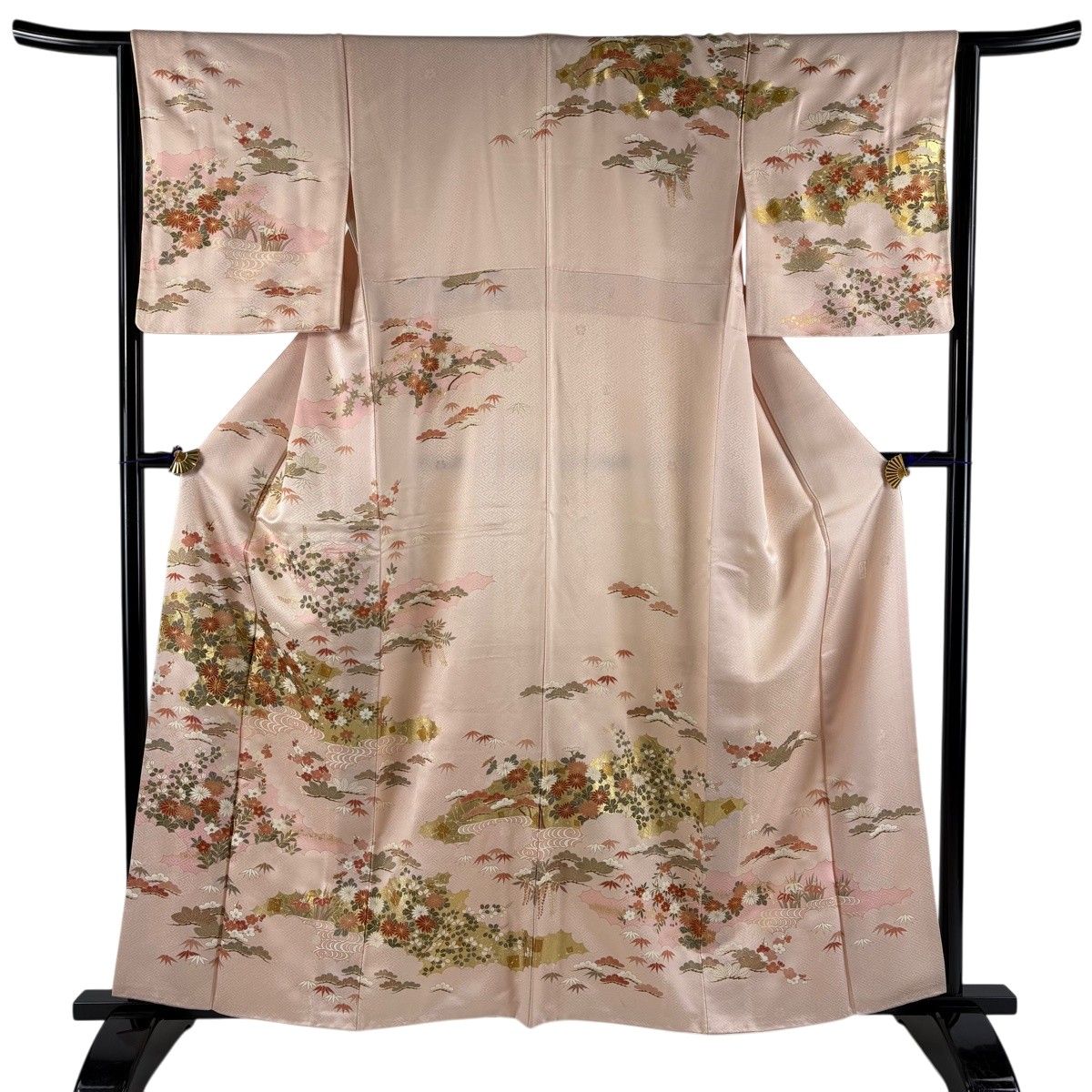 訪問着 身丈159.5cm 裄丈65.5cm M 袷 吾妻徳穂 落款 菊 松竹梅 金糸 金彩 ピンク 正絹 名品 【中古】
