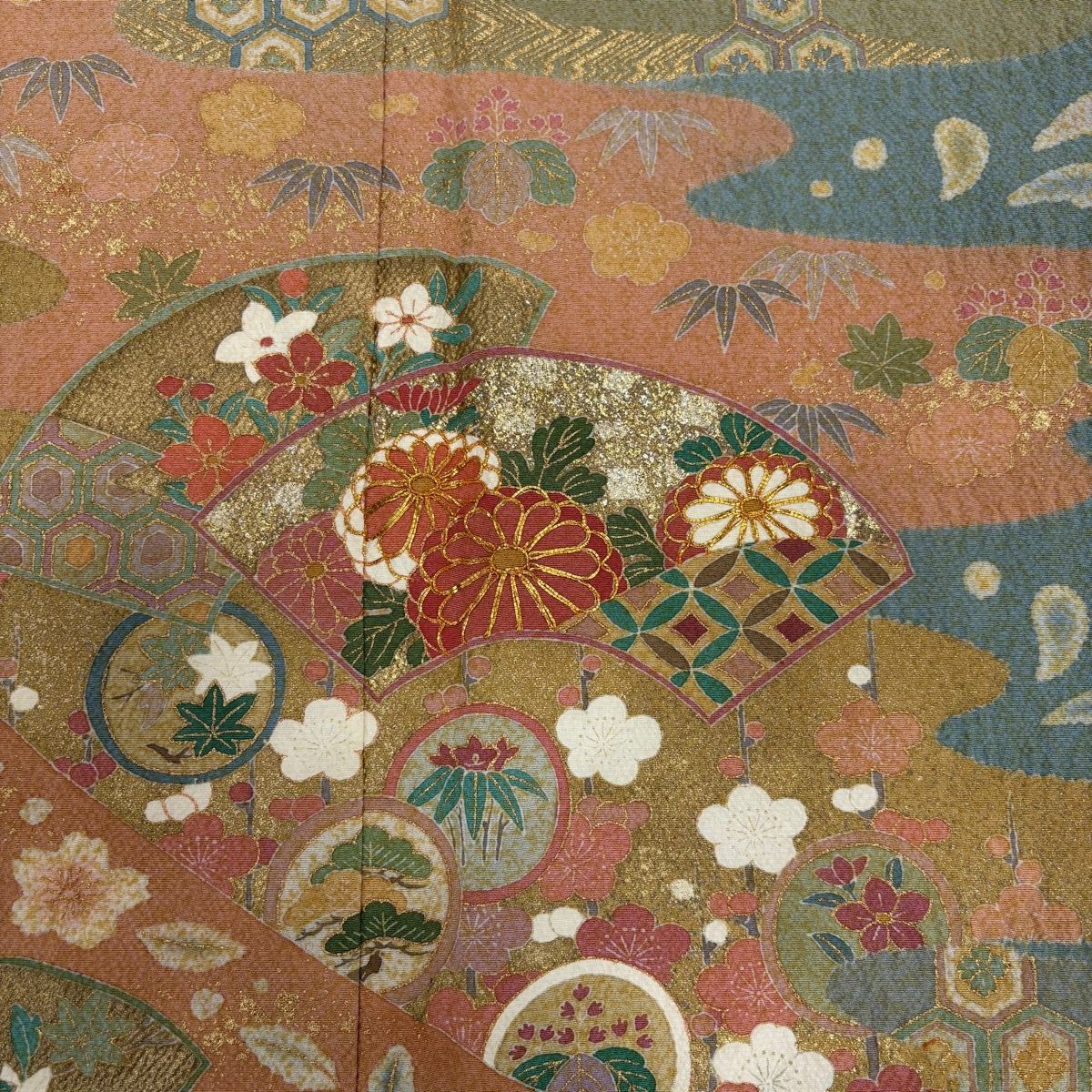 訪問着 身丈162cm 裄丈65.5cm M 袷 落款 扇面 霞 金糸 金銀彩 青灰色 正絹 名品 【中古】