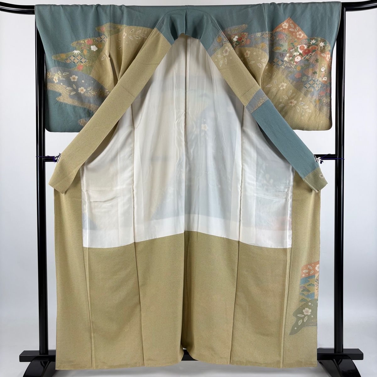 訪問着 身丈162cm 裄丈65.5cm M 袷 落款 扇面 霞 金糸 金銀彩 青灰色 正絹 名品 【中古】