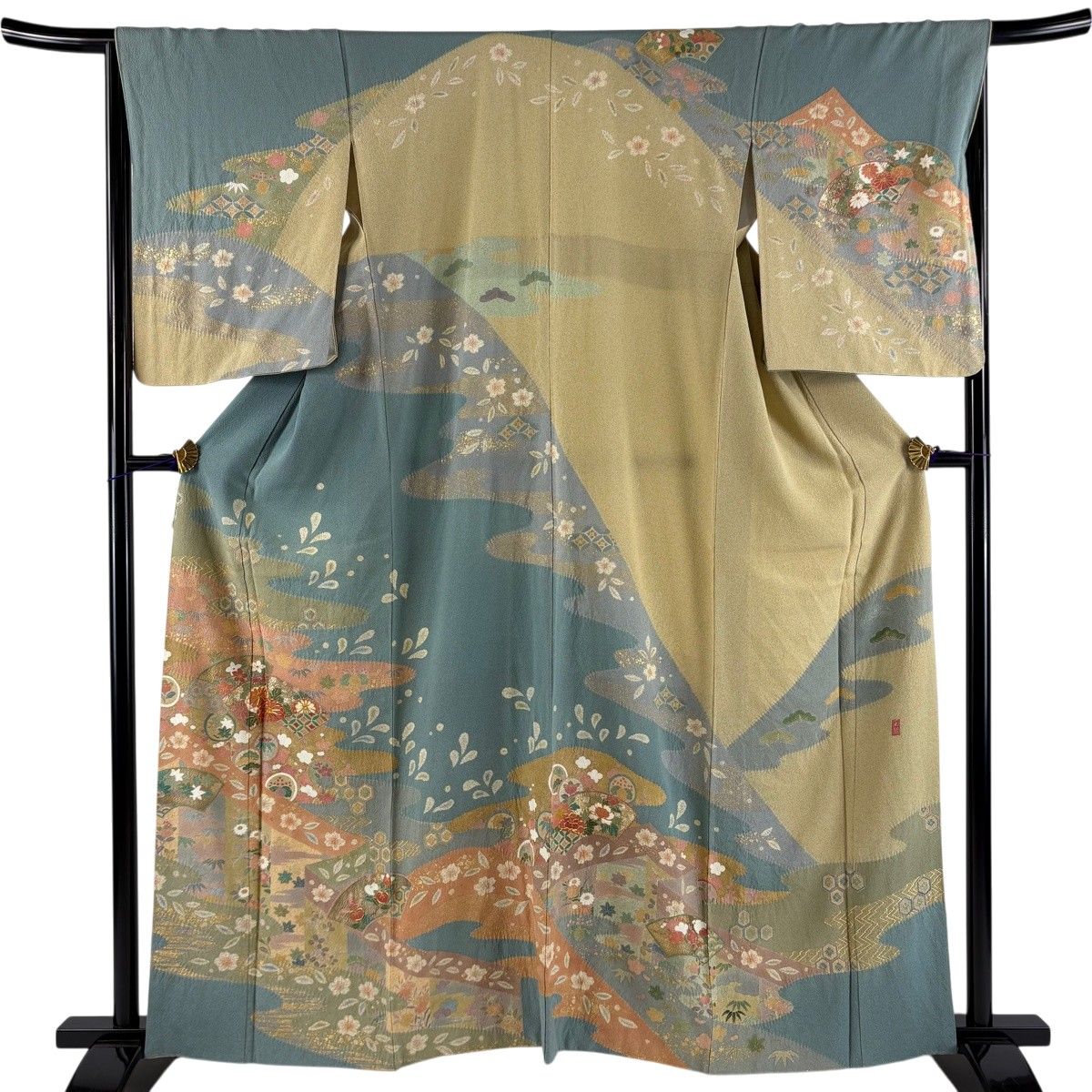 訪問着 身丈162cm 裄丈65.5cm M 袷 落款 扇面 霞 金糸 金銀彩 青灰色 正絹 名品 【中古】