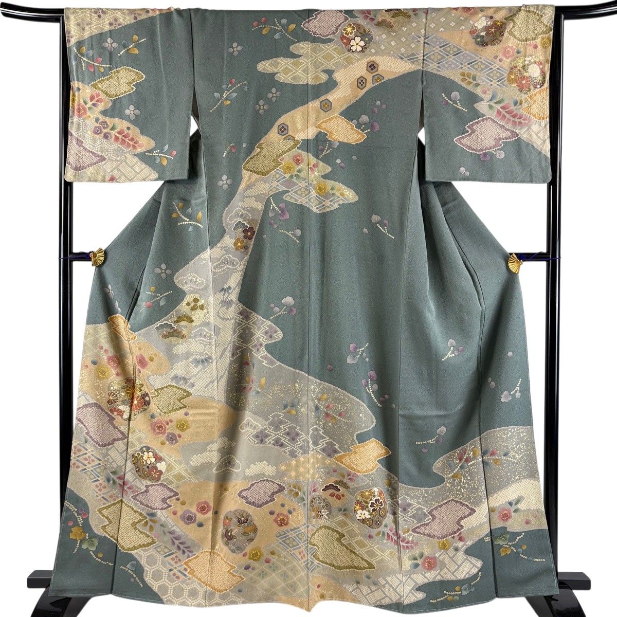 訪問着 身丈163cm 裄丈66cm M 袷 梅 菊 金糸 金彩 灰緑 正絹 名品 【中古】