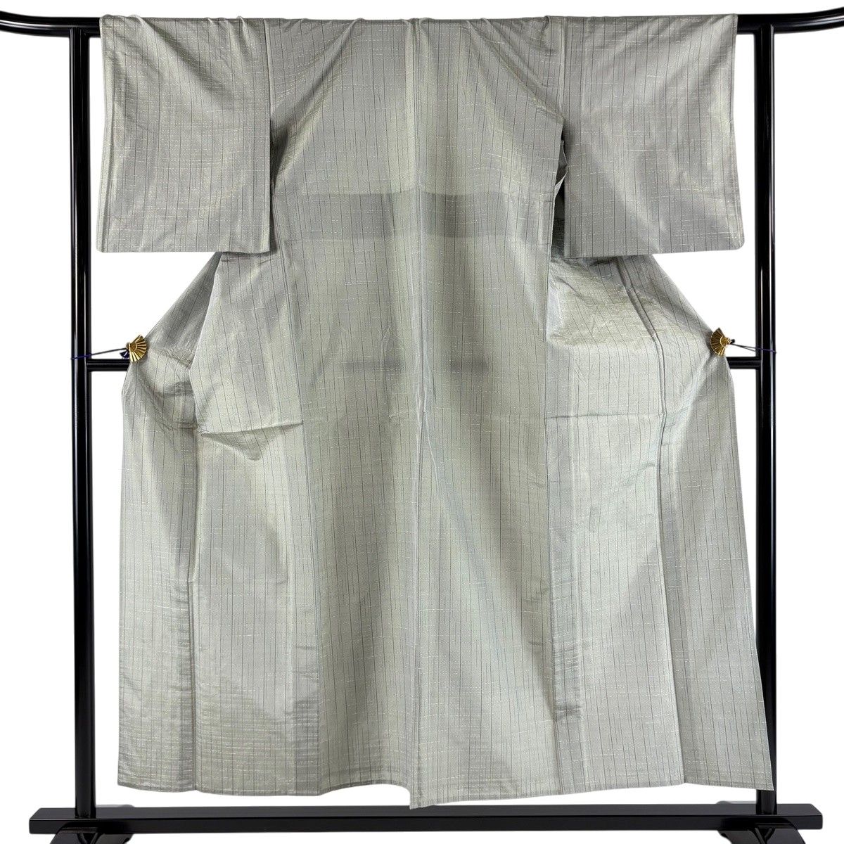 【美品】 大島紬 身丈155cm 裄丈62cm S 単衣 証紙 縞 灰緑 正絹 名品 【中古】