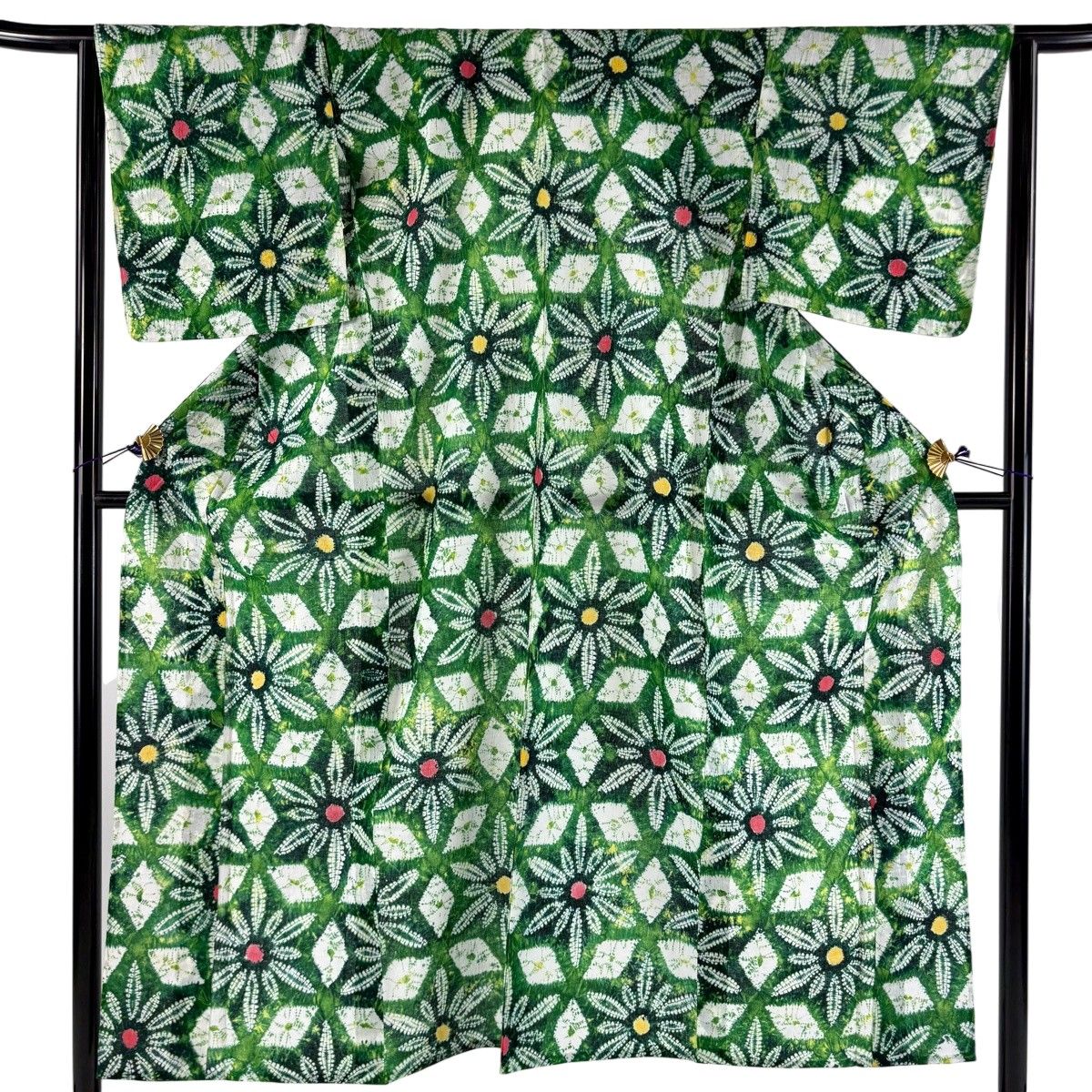 【美品】 浴衣 身丈153cm 裄丈64cm M 絞り浴衣 花 菱 緑 綿 名品 【中古】