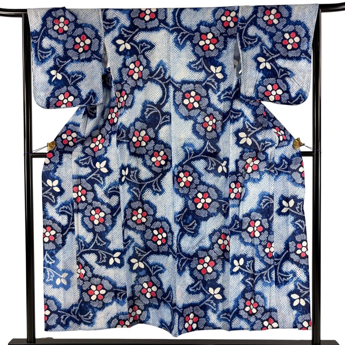 【美品】 浴衣 身丈152cm 裄丈64.5cm M 絞り浴衣 草花 青 綿 名品 【中古】