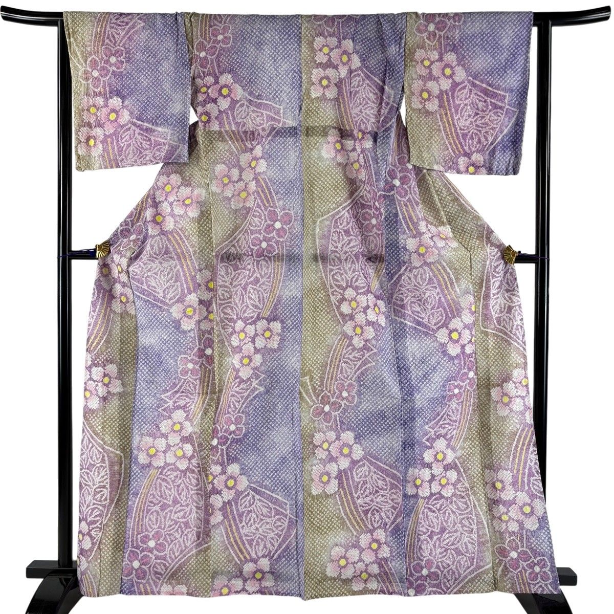 【美品】 浴衣 身丈163.5cm 裄丈63cm S 絞り浴衣 草花 薄紫 綿 名品 【中古】