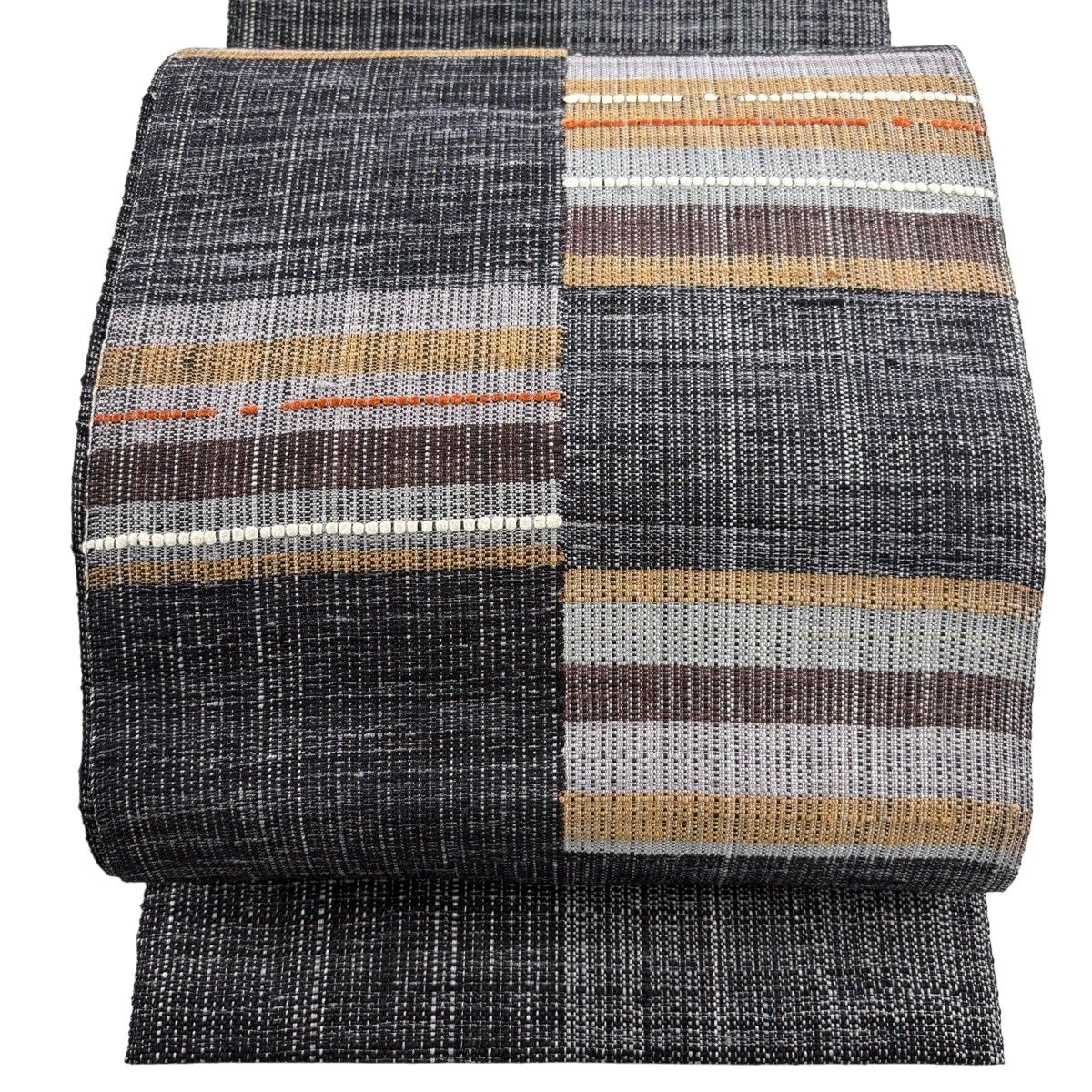 【美品】 名古屋帯 名品 八寸名古屋帯 松葉仕立て 紬地 トンネル仕立てやまと 変わり市松 縞 墨色 正絹 【中古】