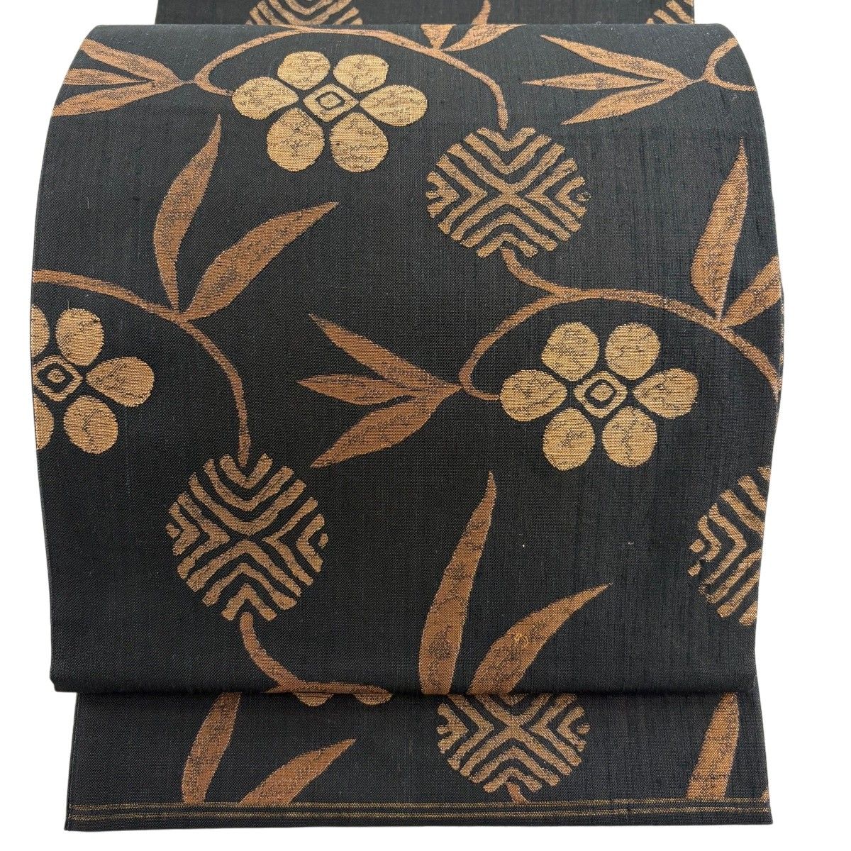 【美品】 袋帯 名品 落款 関西仕立て 紬地 笹蔓 箔 焦茶色 六通 正絹 【中古】
