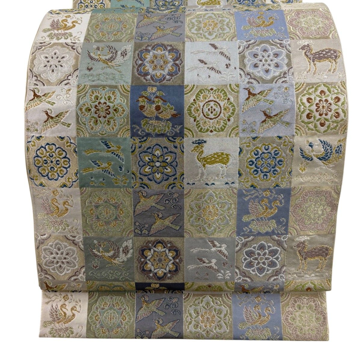 袋帯 名品 川島織物 落款 華文 花鳥 箔 金糸 銀色 六通 正絹 【中古】