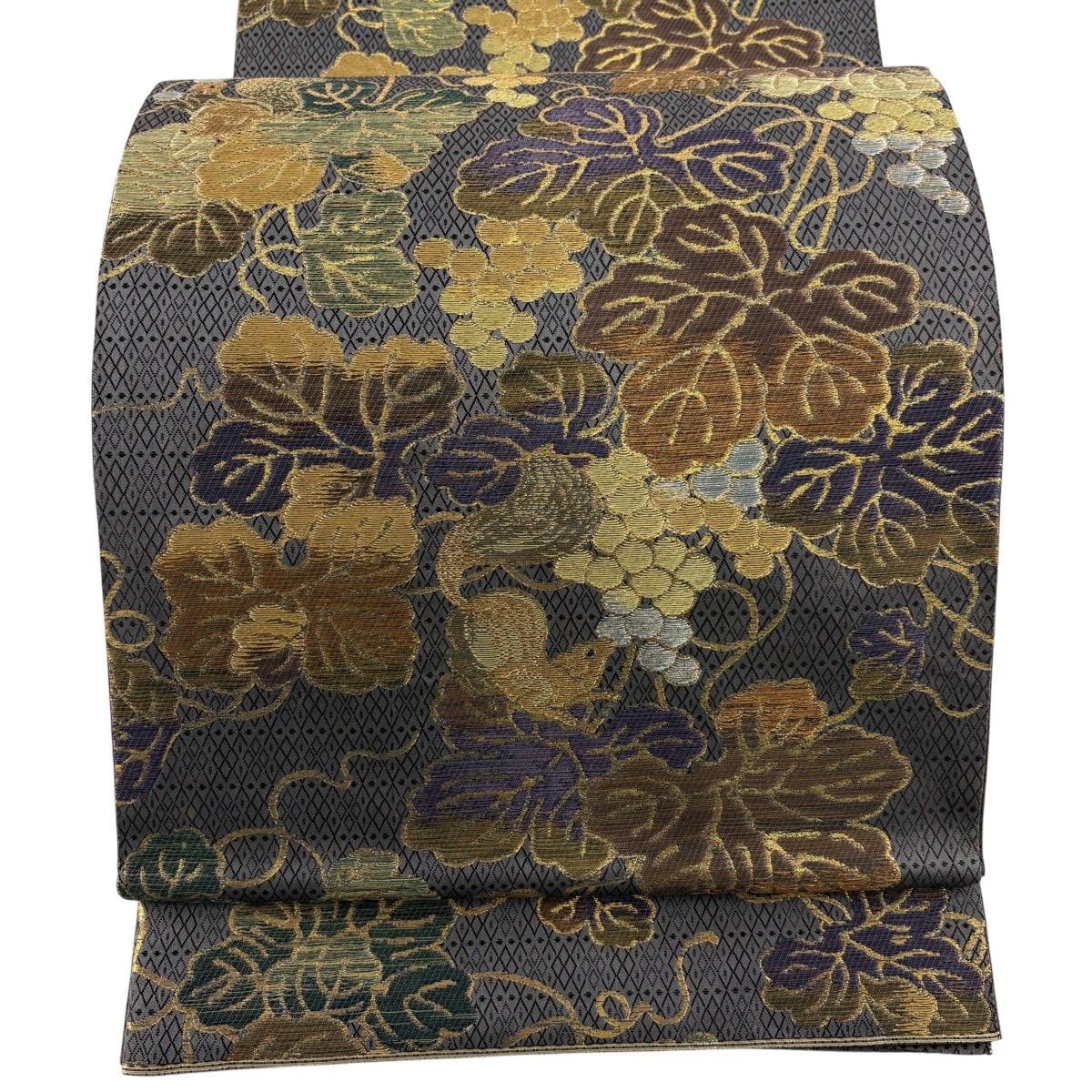 【美品】 袋帯 名品 三眼蚕糸 関西仕立て 葡萄 金銀糸 箔 灰紫 六通 正絹 【中古】