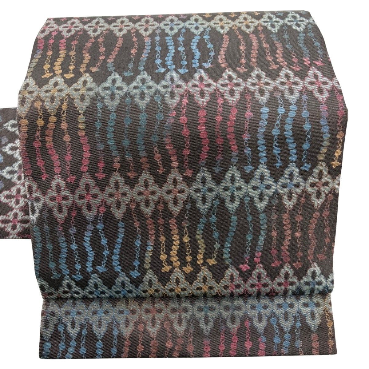 名古屋帯 名品 花 幾何学模様 焦茶色 正絹 【中古】