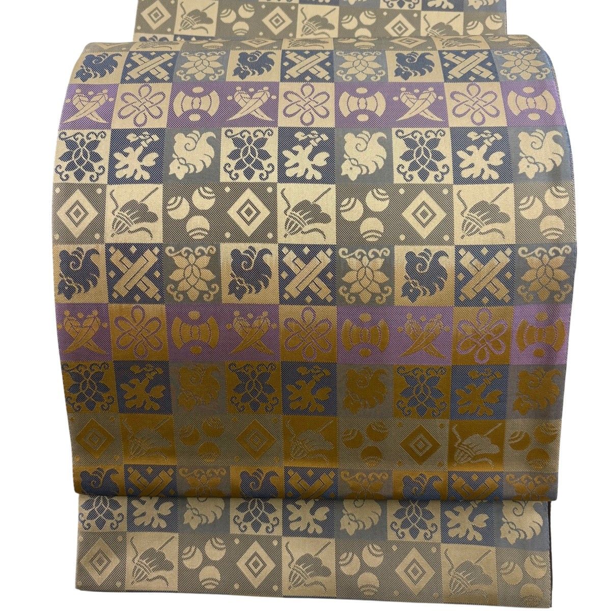 【美品】 袋帯 名品 宝尽くし 花唐草 ベージュ 全通 正絹 【中古】