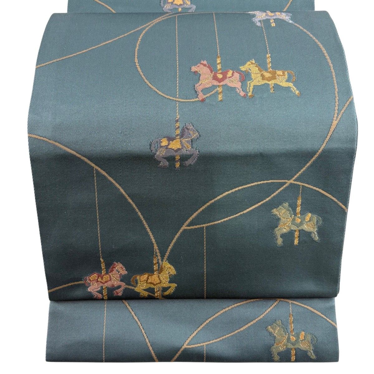【美品】 開き名古屋帯 名品 メリーゴーランド 金糸 青緑 正絹 【中古】