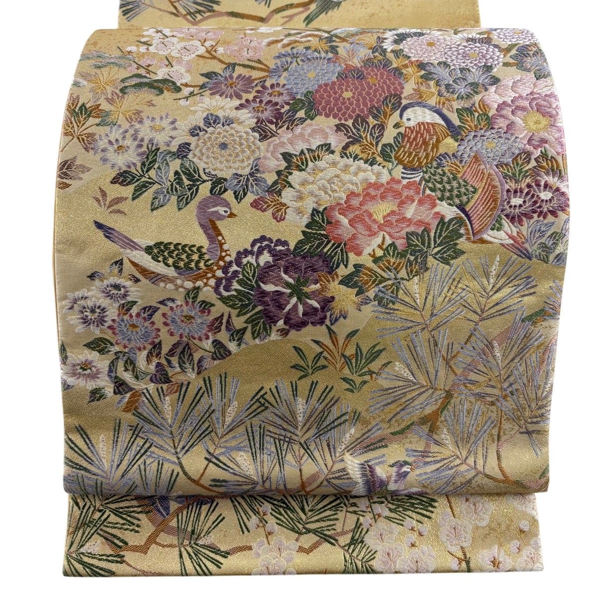 【美品】 袋帯 名品 証紙 花鳥 松梅 金糸 刺繍 金色 六通 正絹 【中古】