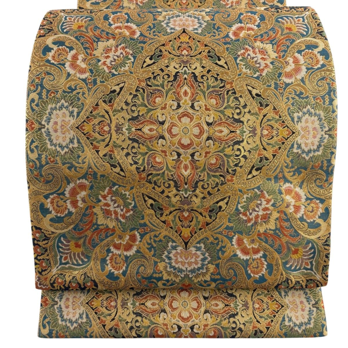 【美品】 袋帯 名品 華文 花唐草 金糸 箔 黒灰 全通 正絹 【中古】