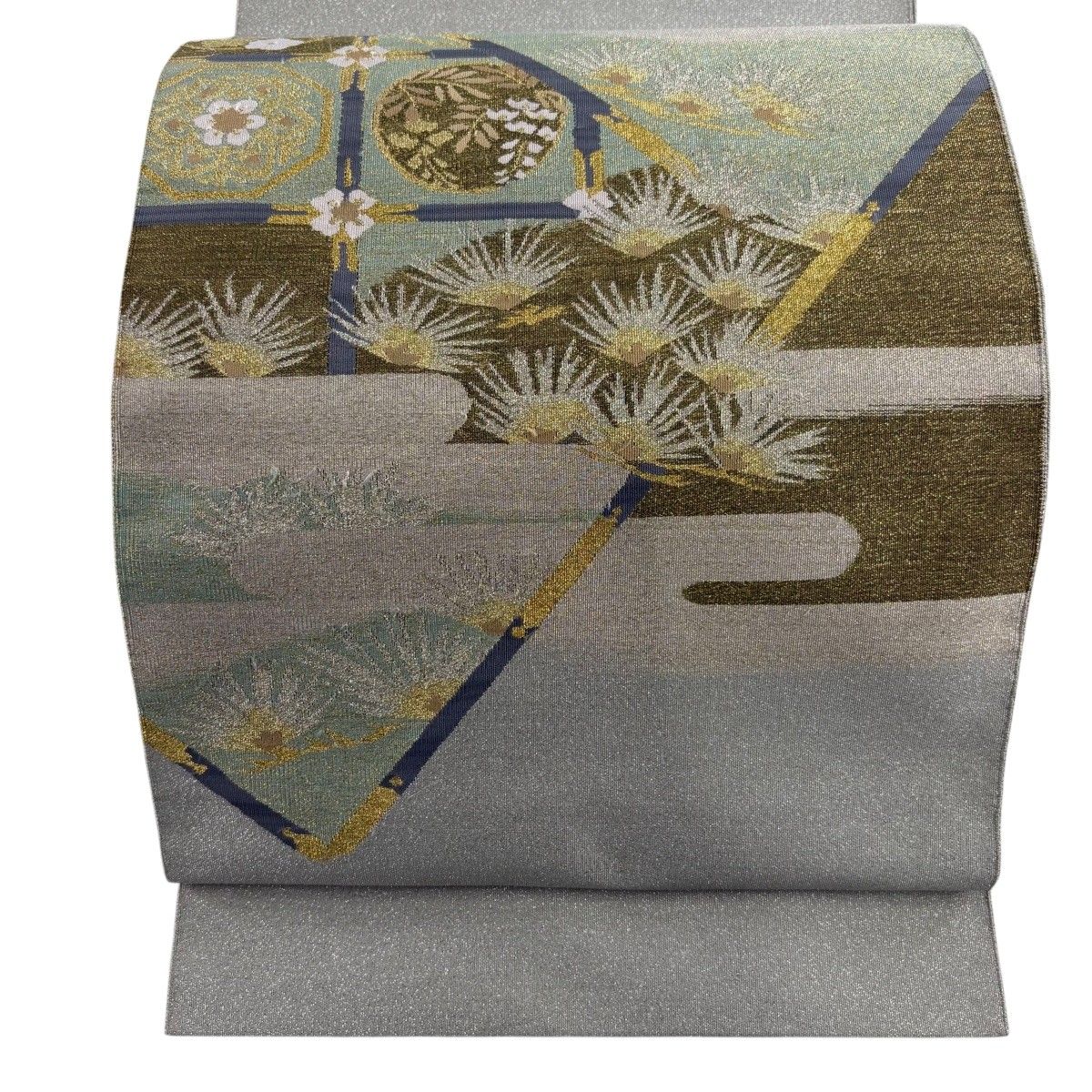 【美品】 名古屋帯 名品 八寸名古屋帯 格天井 松 金銀糸 灰緑 正絹 【中古】