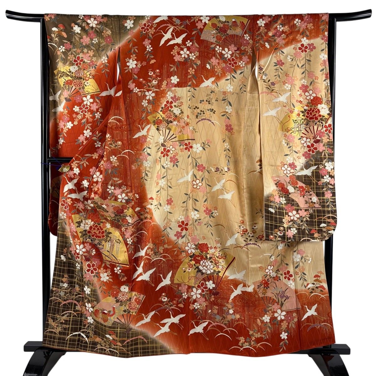 振袖 身丈160.5cm 裄丈63.5cm S 袷 バチ衿 花車 扇 金糸 金彩 赤茶 正絹 名品 【中古】