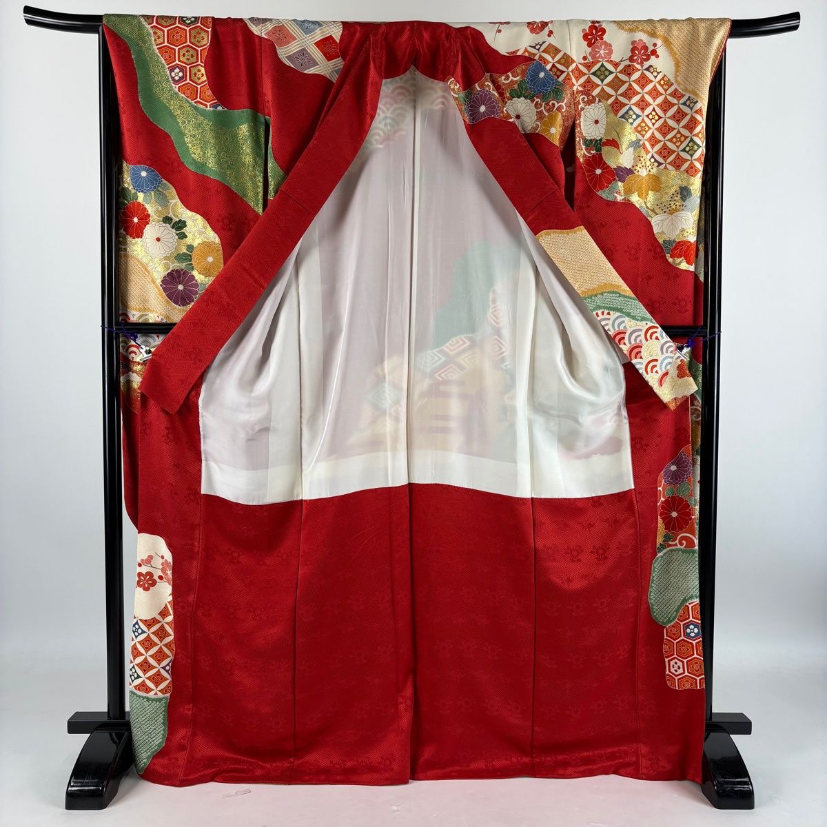 振袖 身丈171cm 裄丈67.5cm L 袷 菊唐草 有職文様 金糸 絞り 赤 正絹 