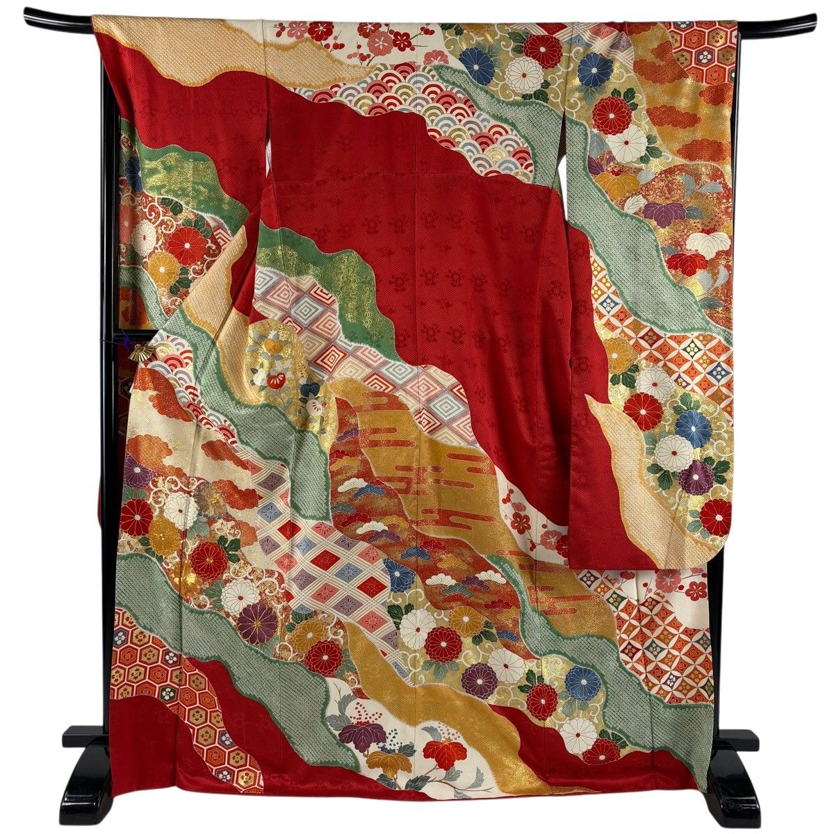 振袖 身丈171cm 裄丈67.5cm L 袷 菊唐草 有職文様 金糸 絞り 赤 正絹 名品 【中古】