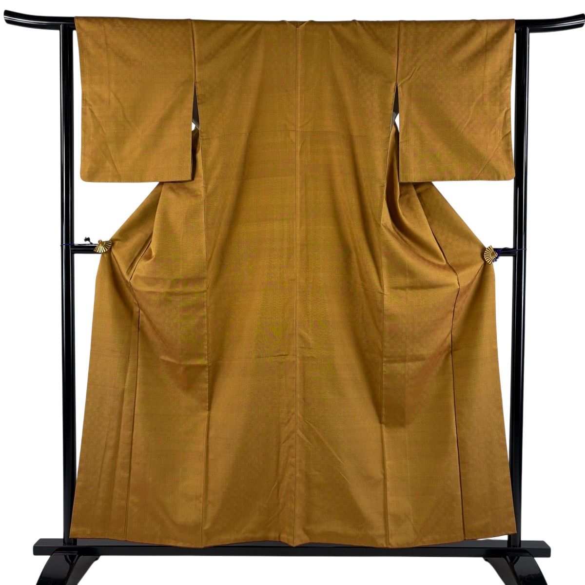 紬 身丈156.5cm 裄丈63cm S 袷 格子 山吹茶色 正絹 名品 【中古
