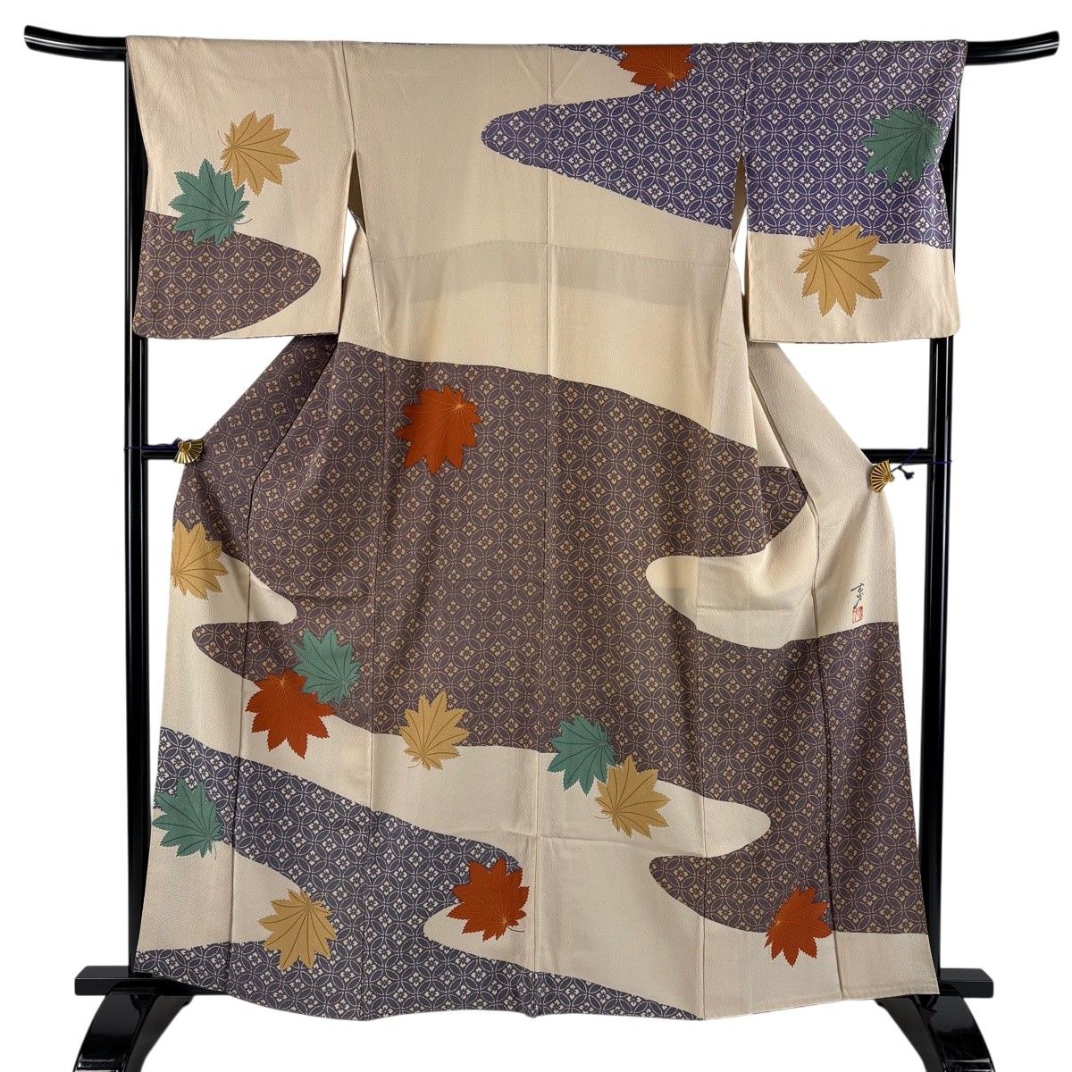 訪問着 身丈163cm 裄丈67cm M 袷 大久保玄才 落款 楓 七宝 ベージュ 正絹 名品 【中古】