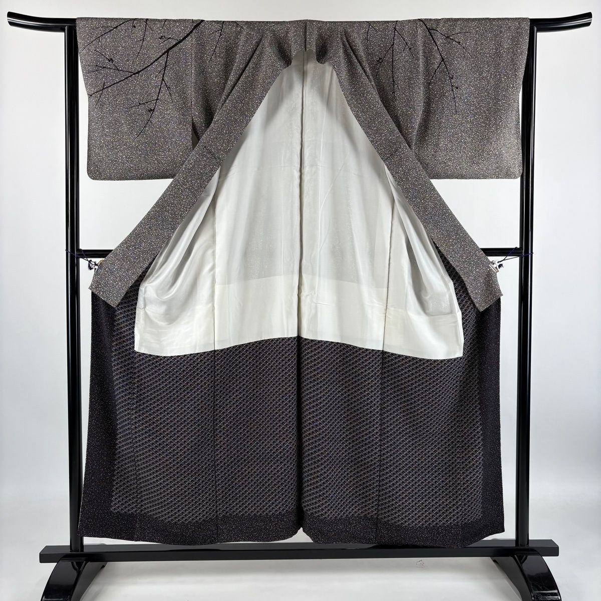 訪問着 身丈155cm 裄丈65cm M 袷 川村久太郎 落款 枝梅 黒灰 正絹 名品 【中古】