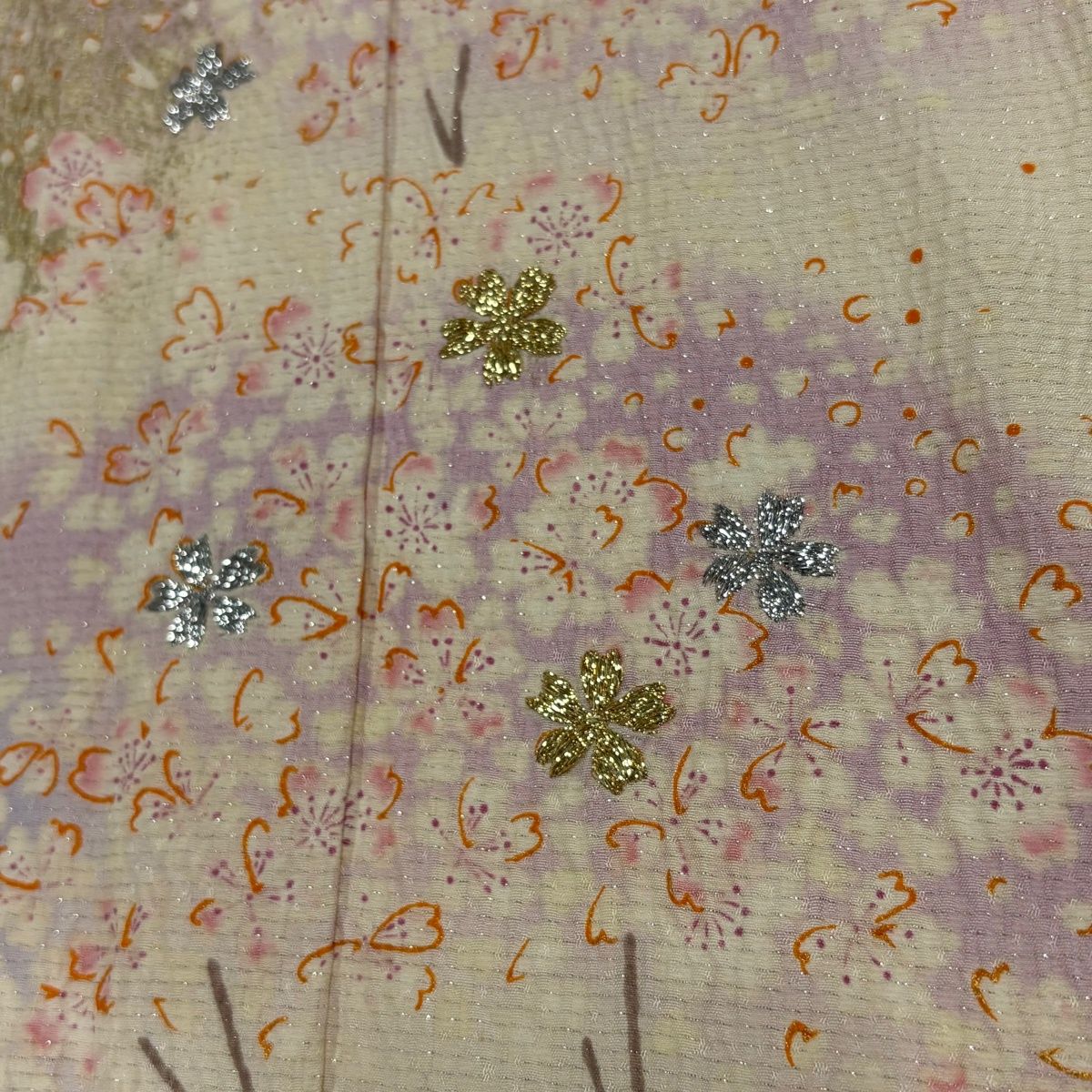 訪問着 身丈156cm 裄丈67.5cm L 袷 桜 銀通し 箔 クリーム 正絹 名品 【中古】