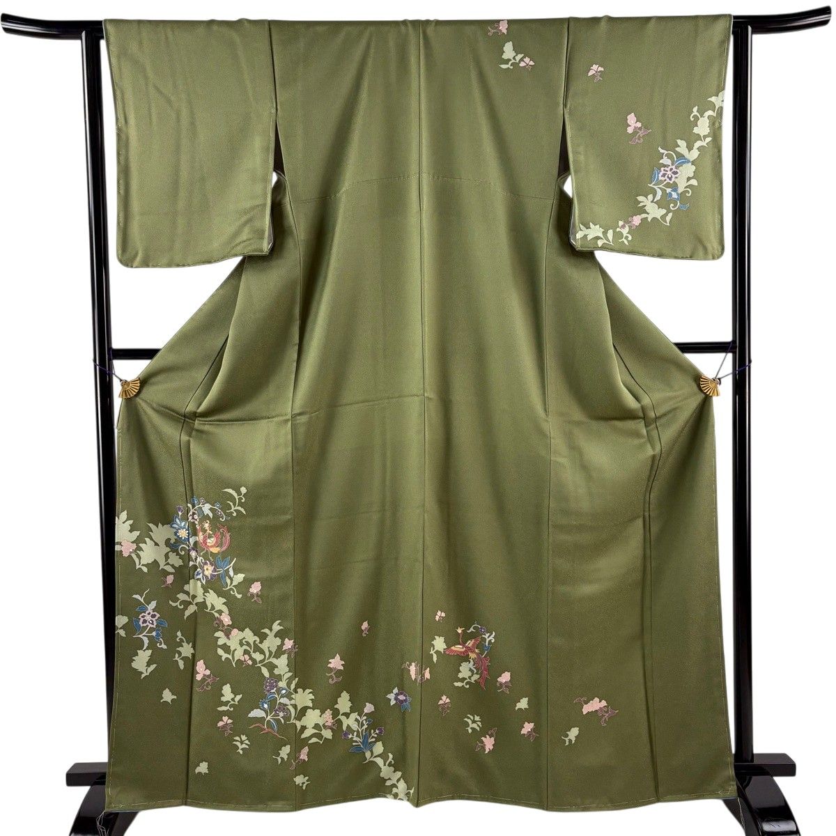 【美品】 訪問着 身丈164cm 裄丈63cm S 袷 鳳凰 草花 よもぎ色 正絹 秀品 【中古】