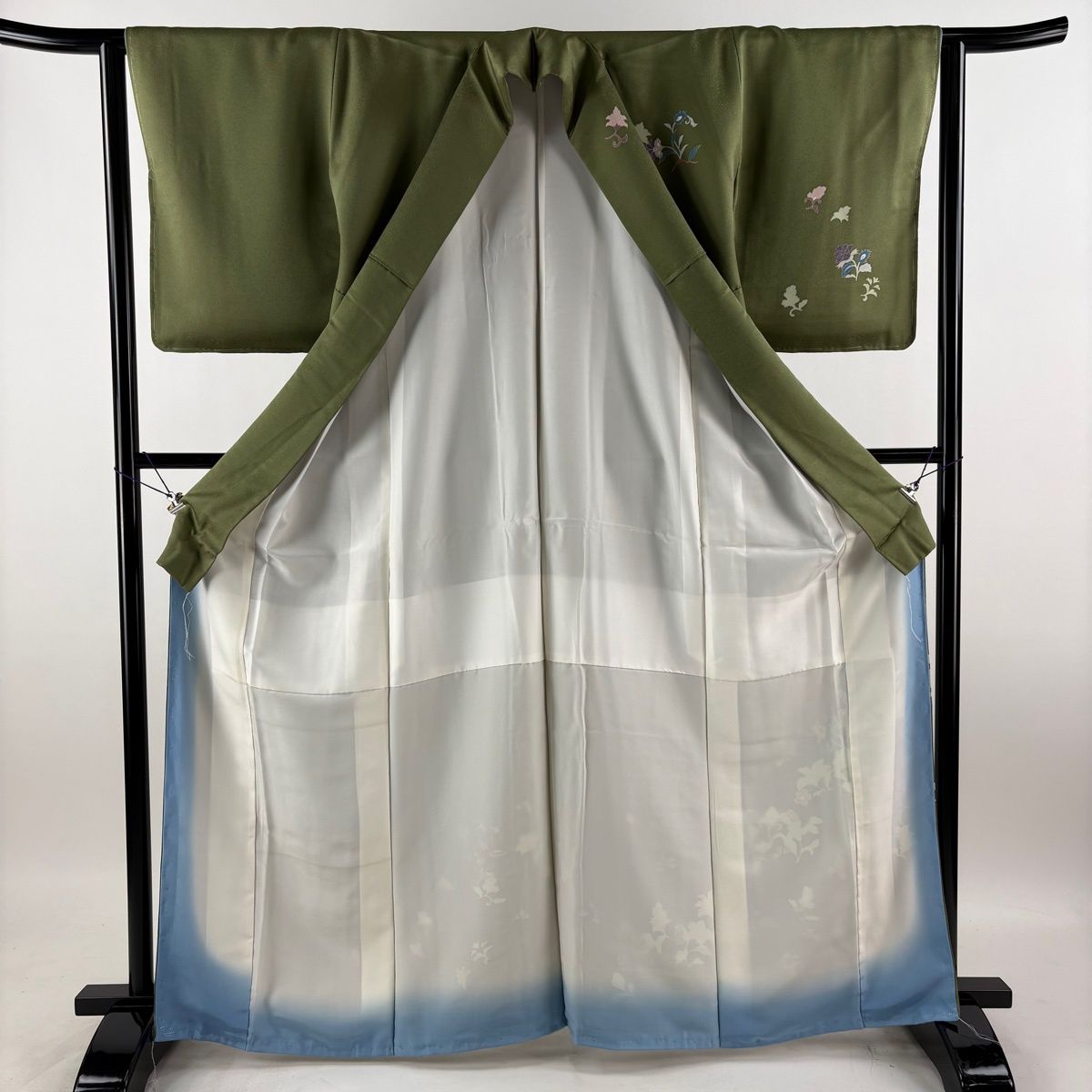【美品】 訪問着 身丈164cm 裄丈63cm S 袷 鳳凰 草花 よもぎ色 正絹 秀品 【中古】