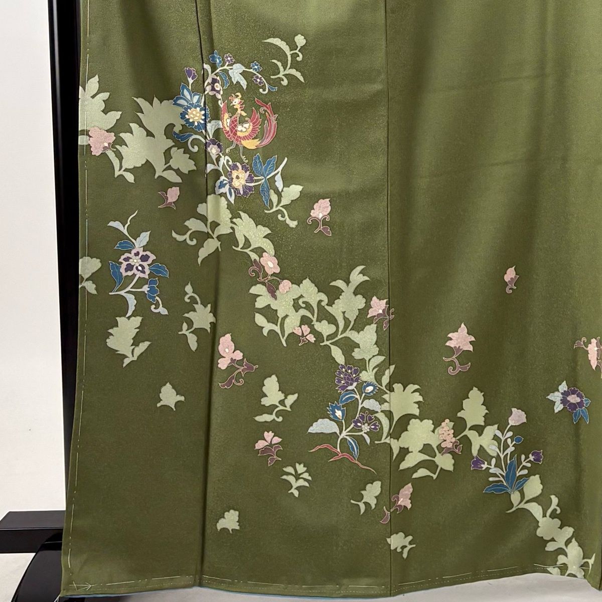 【美品】 訪問着 身丈164cm 裄丈63cm S 袷 鳳凰 草花 よもぎ色 正絹 秀品 【中古】