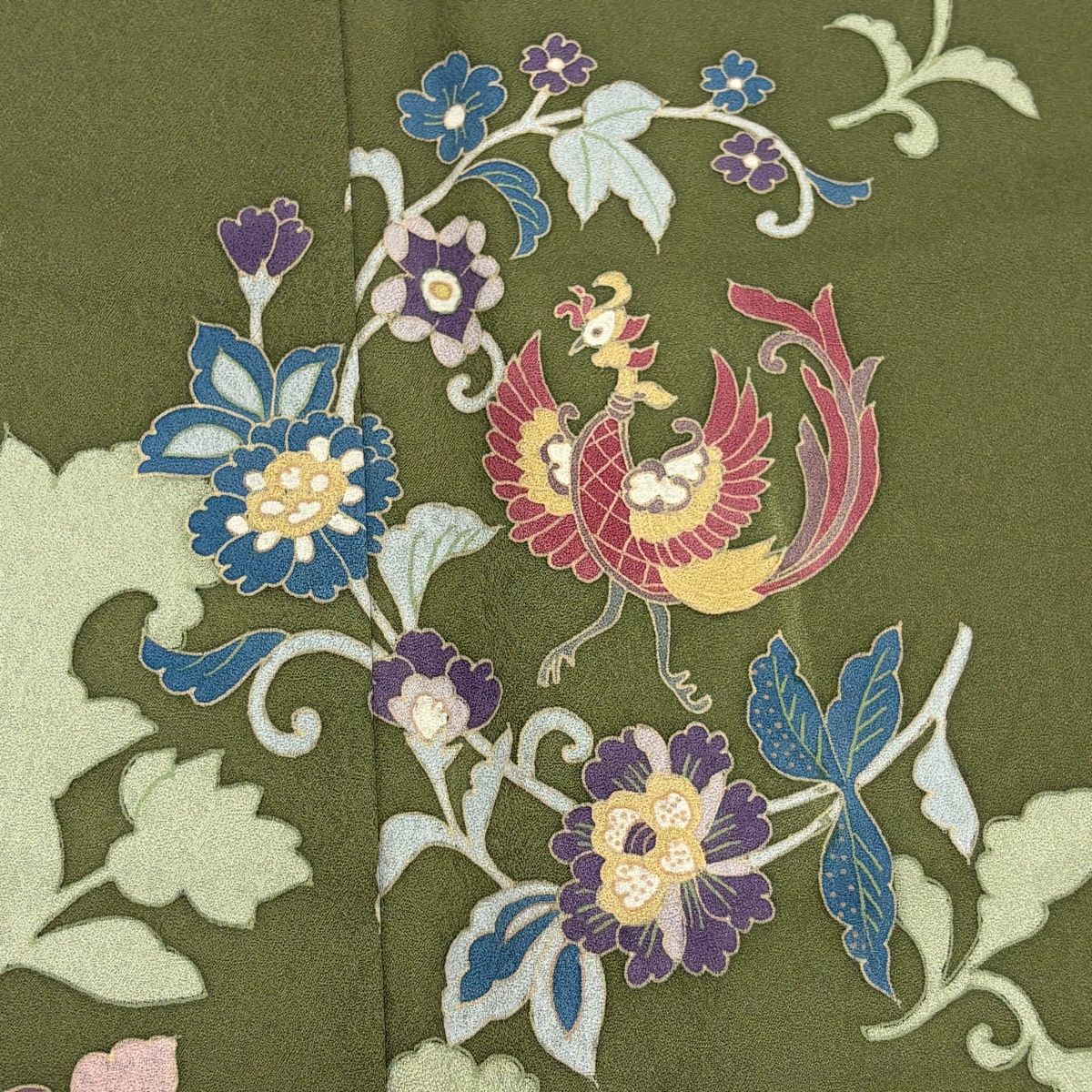 【美品】 訪問着 身丈164cm 裄丈63cm S 袷 鳳凰 草花 よもぎ色 正絹 秀品 【中古】